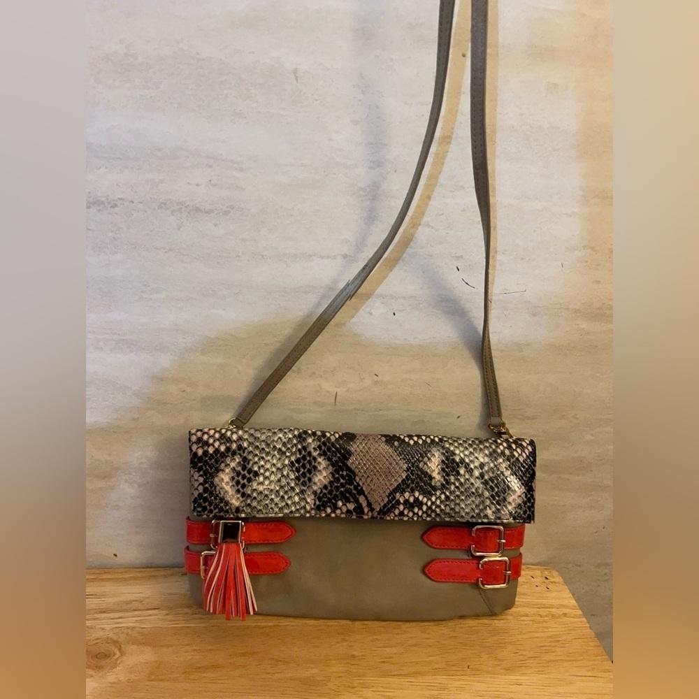 Gianni Bini Coco Tassel Elegant Snake Print Crossbody Bag with Orange Accents